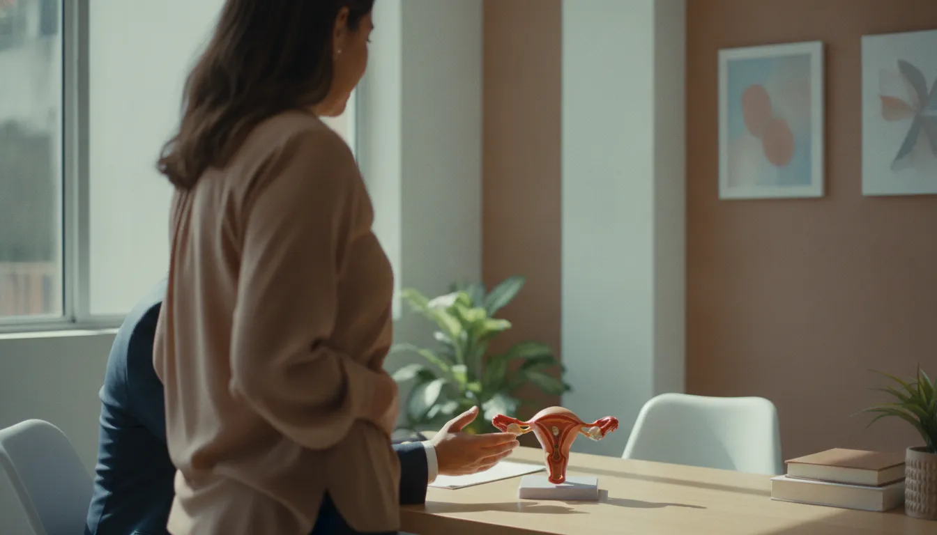 Mujer joven de espaldas en consulta ginecológica, con la mano en el vientre bajo, hablando con un médico de espaldas; sobre el escritorio hay un modelo anatómico del útero.