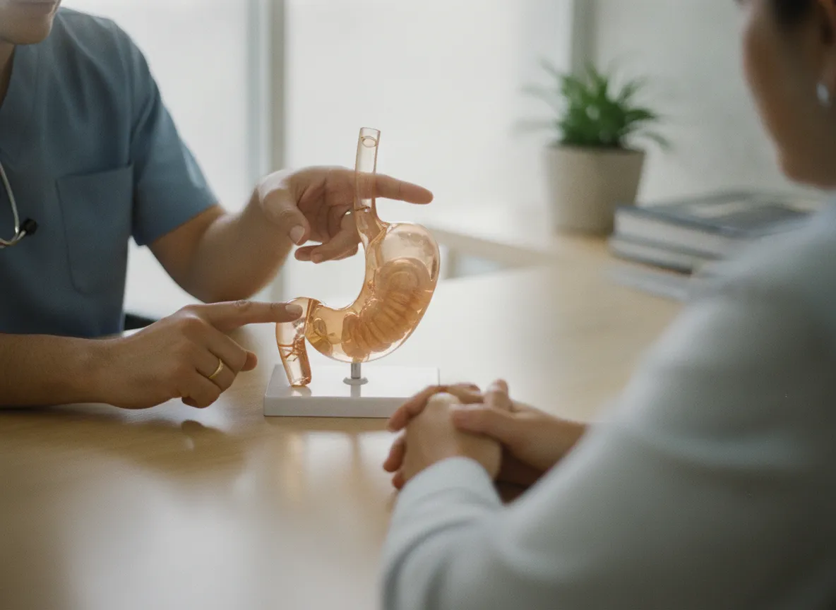 El médico explica con un modelo anatómico durante la consulta