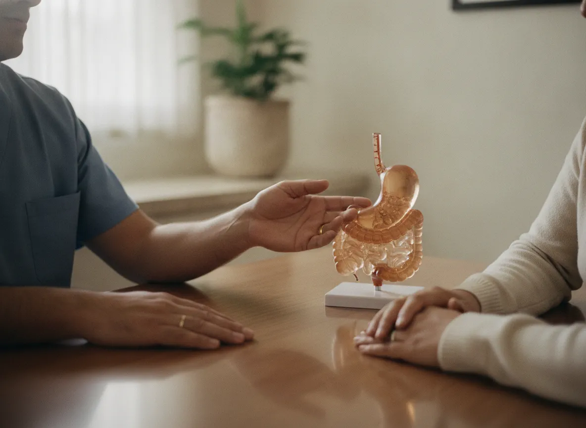 El médico explica con un modelo anatómico durante la consulta