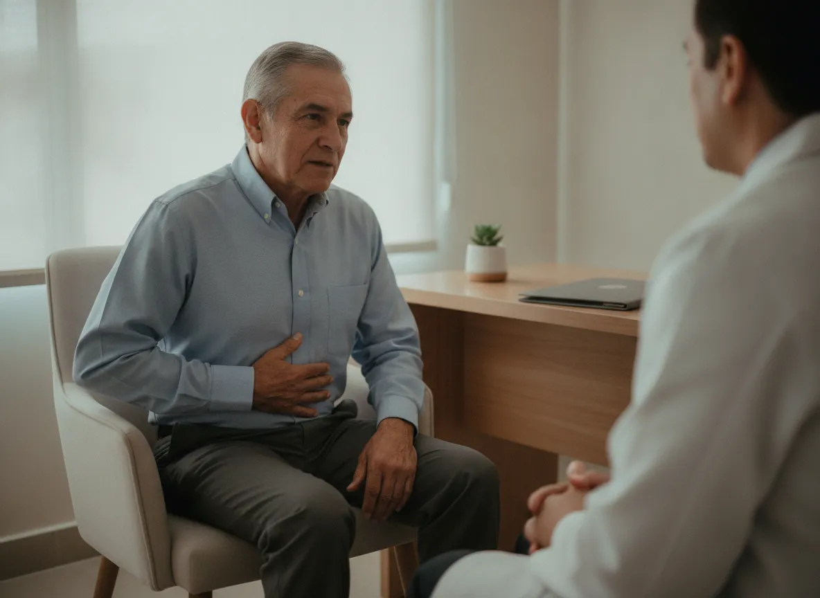 Paciente de unos 60 años sentado en la consulta con la mano en la boca del estómago, escuchando al médico que está de espaldas.