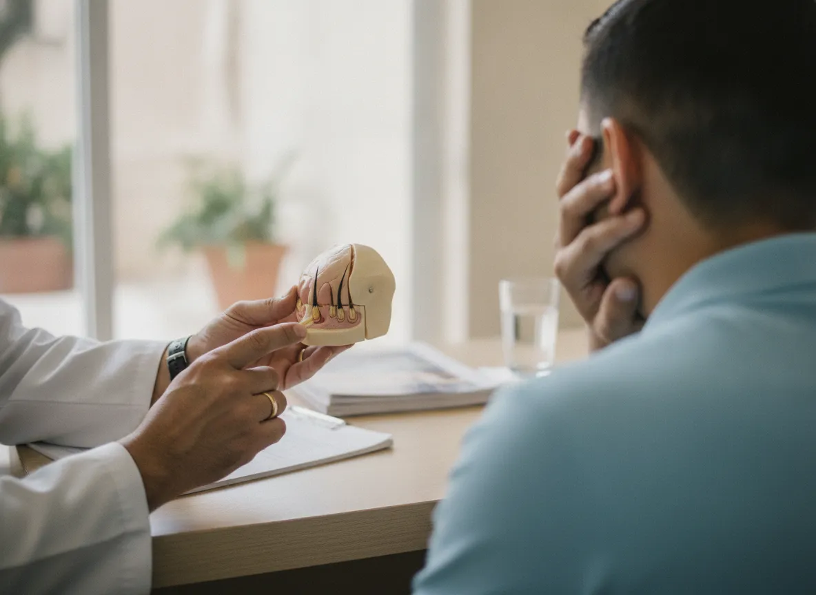 Primer plano de las manos del médico con un modelo de cuero cabelludo y la mano del paciente cerca de la nuca.