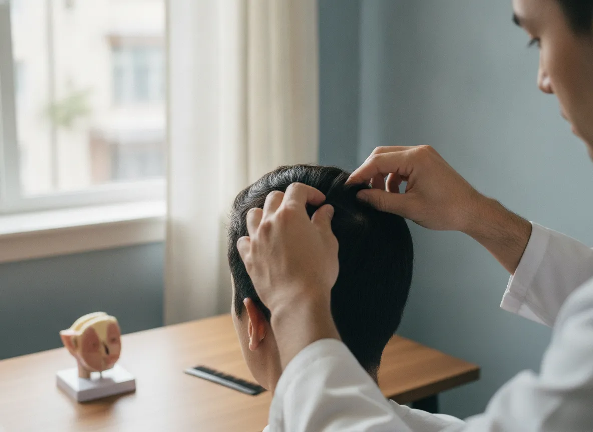 Manos del médico separando el cabello en la parte posterior de la cabeza de un paciente visto de espaldas; consultorio cálido y modelo del cuero cabelludo sobre el escritorio.