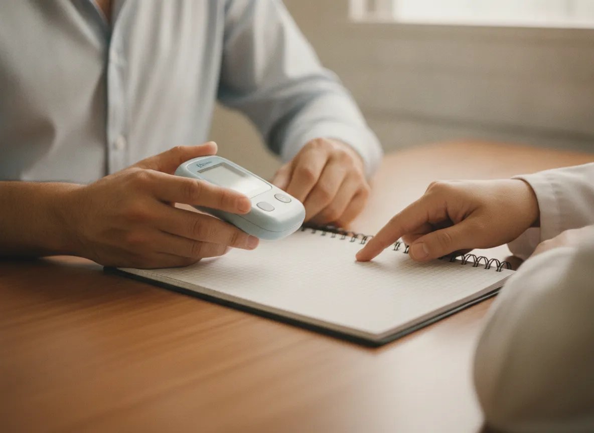 Manos de un paciente sostienen un glucómetro junto a una libreta abierta mientras el médico señala una página.