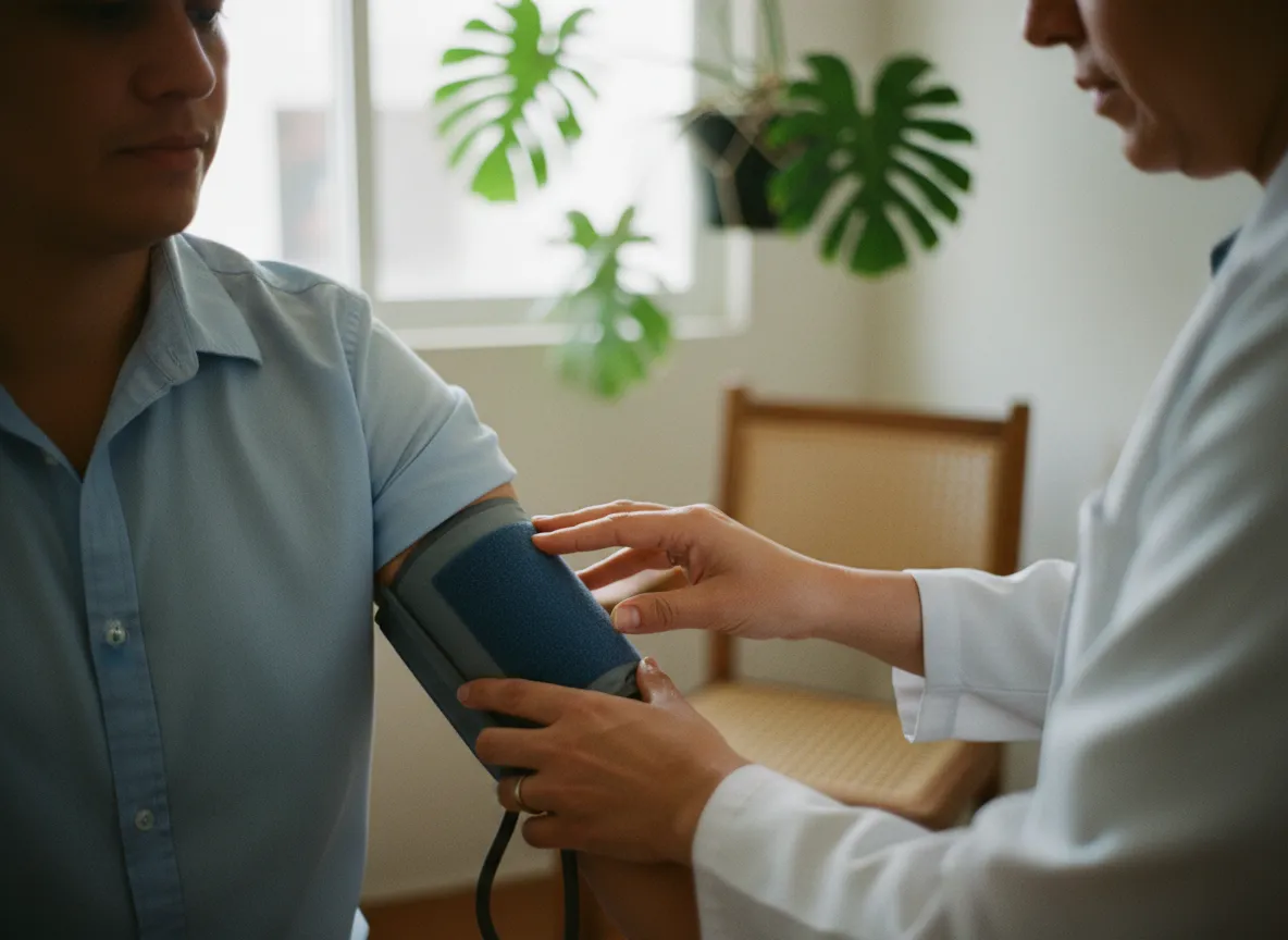 Médico de espaldas coloca un baumanómetro en el brazo de un paciente con diabetes durante la consulta anual.