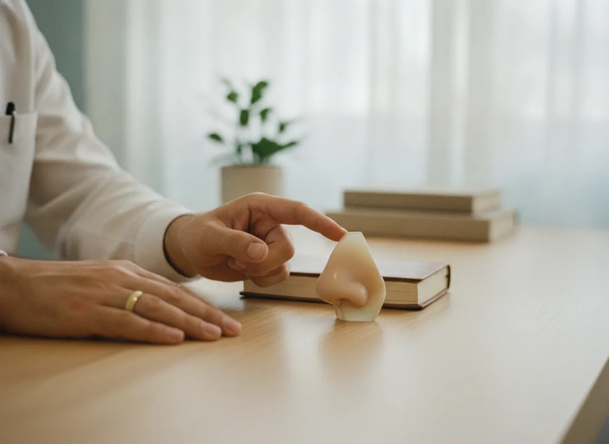 Manos de un médico señalando la punta de un modelo anatómico de nariz sobre un escritorio.