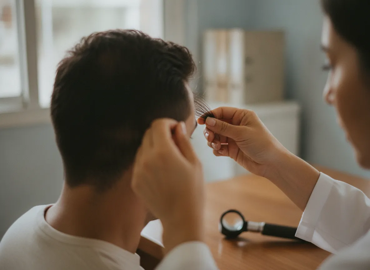 Detalle de las manos de la médica levantando el cabello de la línea frontal de un hombre para mostrar la entrada de la frente y el afinamiento del pelo.