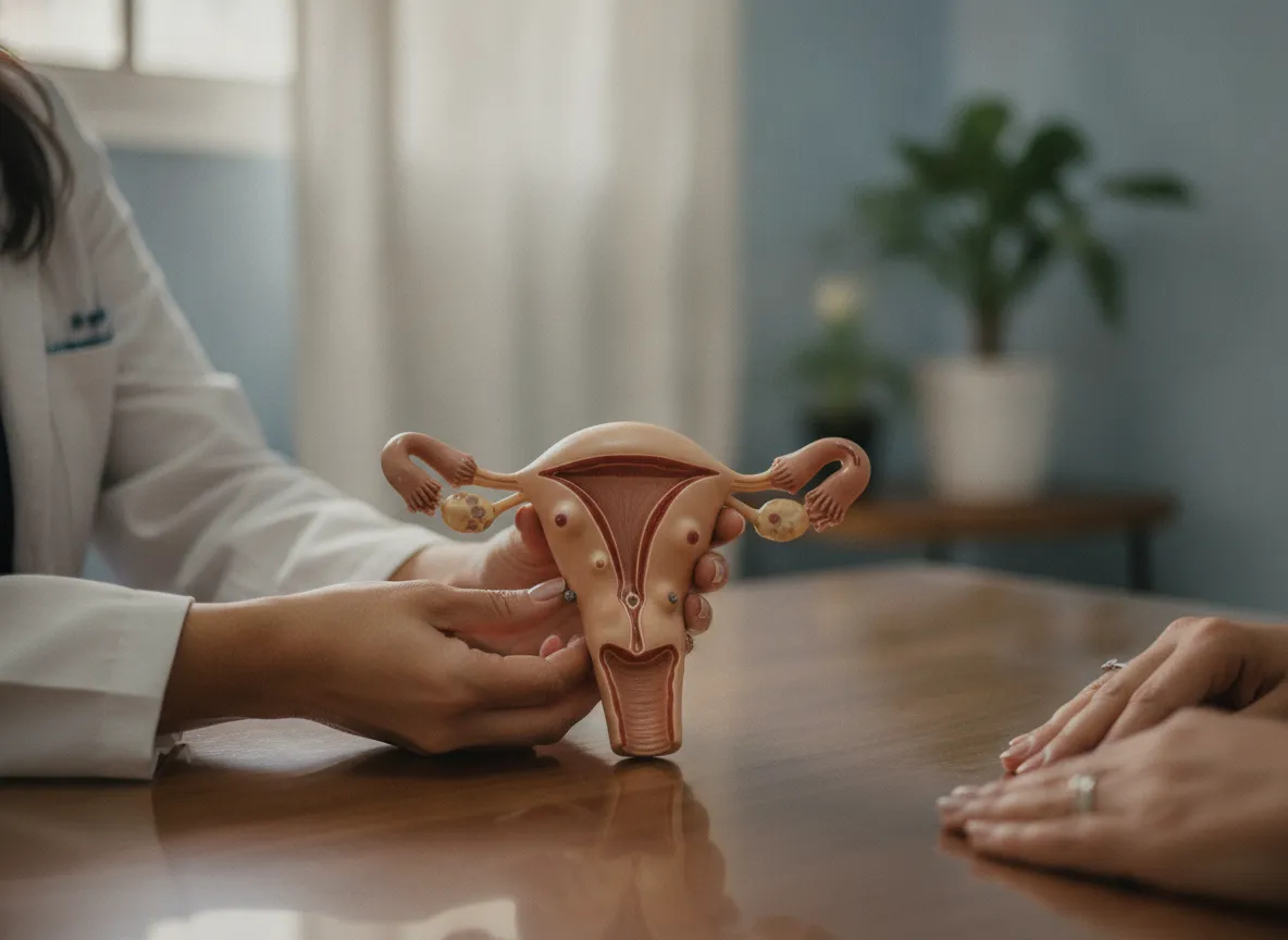 Manos de una médica ginecóloga sostienen un modelo anatómico de útero con miomas sobre el escritorio; al borde se ven las manos de la paciente.