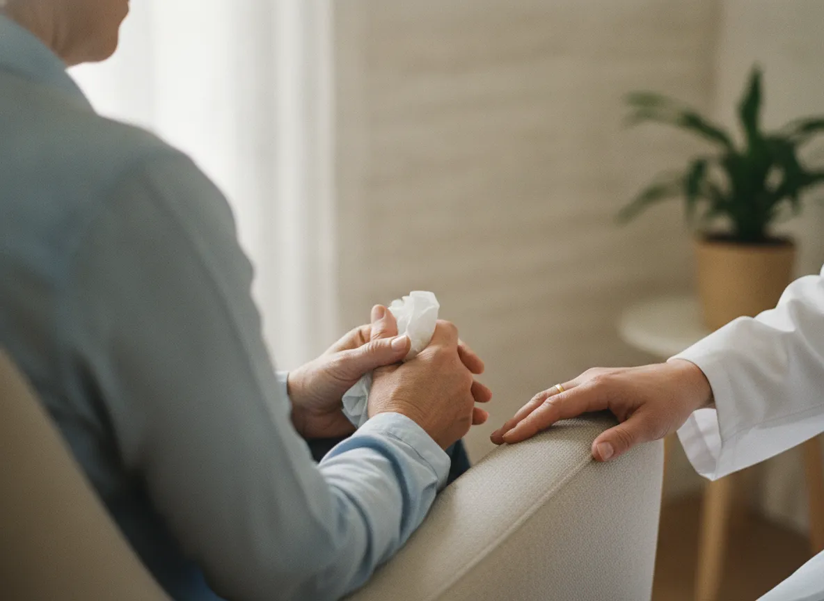 Primer plano de las manos de una paciente apretando un pañuelo en la consulta.