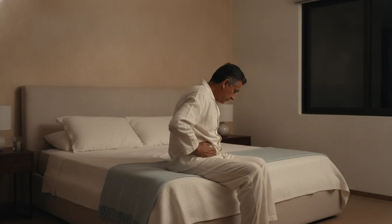 Hombre mexicano de unos 50 años en pijama, sentado al borde de la cama de noche, con gesto de cansancio y la mano en el vientre bajo, frente al baño iluminado.
