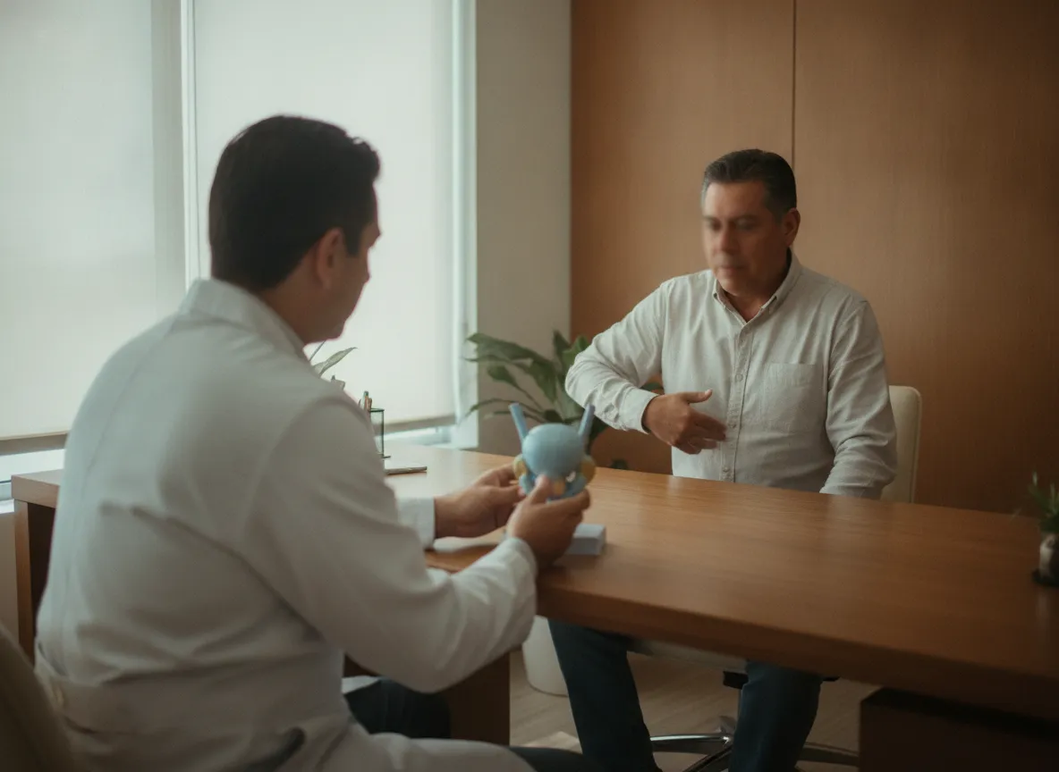 Paciente mexicano de unos 50 años en consulta de urología señalando su vientre bajo, mientras solo se ven de espaldas el urólogo y sus manos con un modelo anatómico de próstata y vejiga.